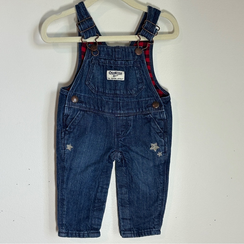OshKosh Vestbak Buffalo Check Lined Denim Oversalls Embroidered Start Sz 3M